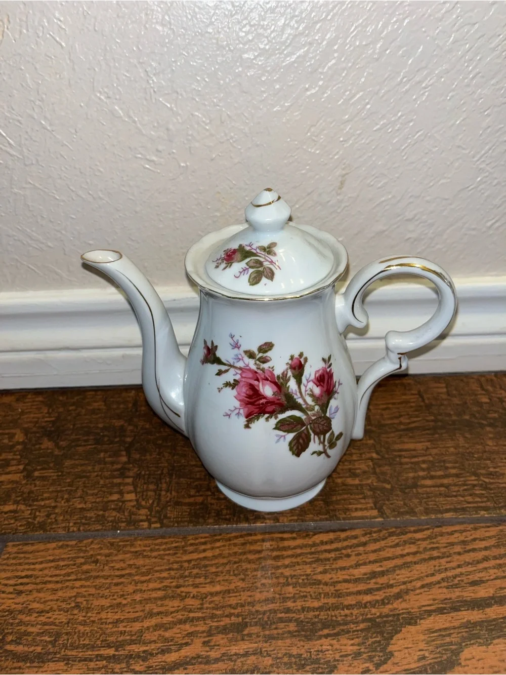 White Porcelain Teapot with Pink Rose Floral Design and Gold Trim